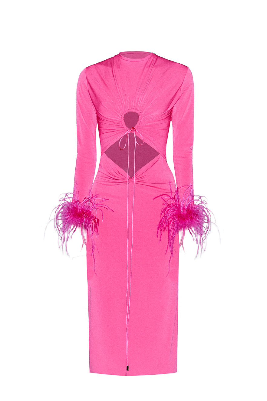 V13 - GATHERING CUT OUTS DRESS WITH FEATHERS