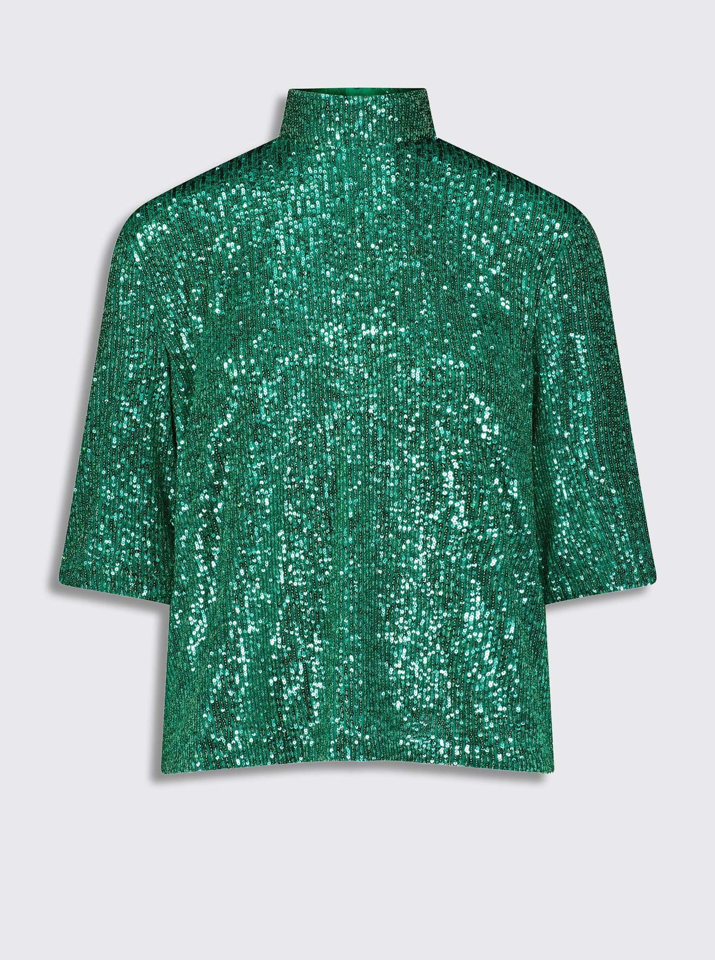XENIA Fluid Sequin Mock Neck Blouse in Emerald