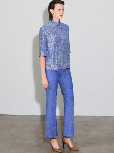 XENIA Fluid Sequin Mock Neck Blouse in Washed Blue