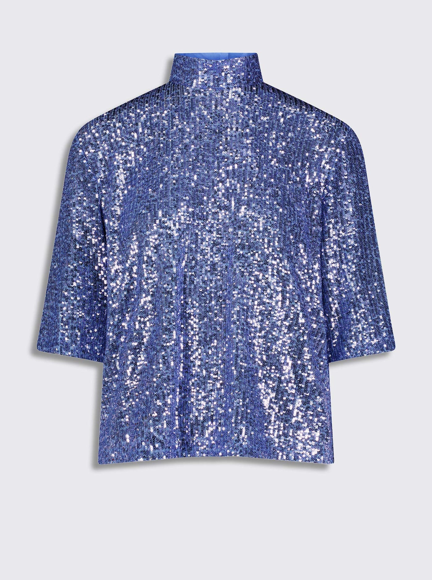 XENIA Fluid Sequin Mock Neck Blouse in Washed Blue