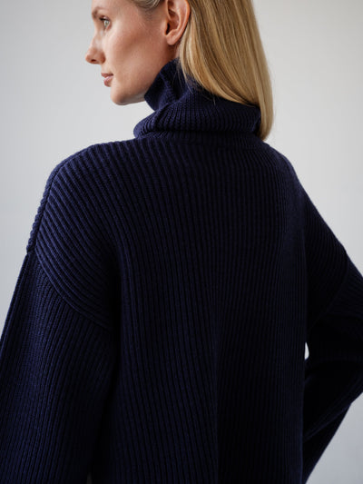 Wool Ribbed Turtleneck Sweater, Navy